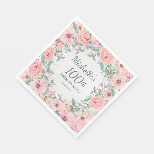 Roze Waterverf Floral Rozen parels 100e verjaardag Servet (Hoek)