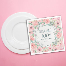 Roze Waterverf Floral Rozen parels 100e verjaardag Servet