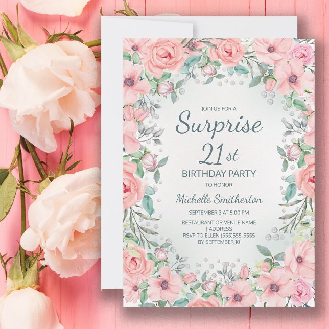 Roze Waterverf Floral Rozen Pearls 21st Birthday (Blush pink floral surprise 21st birthday party invitation personalized with your text.)