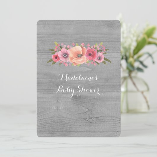 Roze Waterverf Floral Rustic Wood Baby shower Kaart (Staand voorkant)