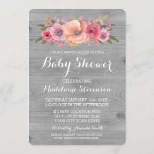 Roze Waterverf Floral Rustic Wood Baby shower Kaart