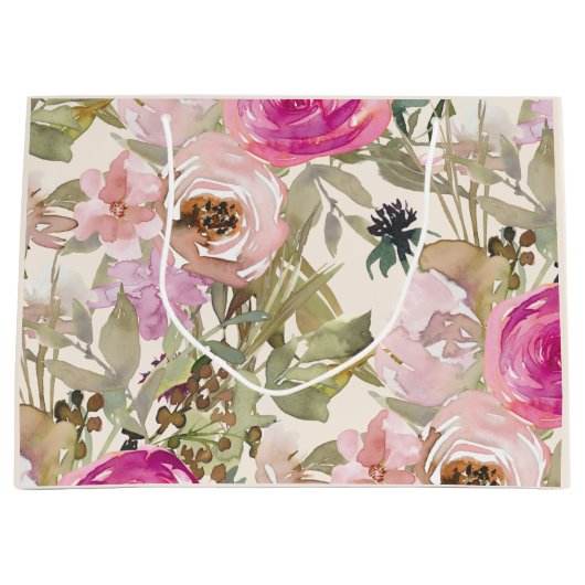 Roze Waterverf Floral Sage Green Leaves Cream Groot Cadeauzakje (Voorkant)