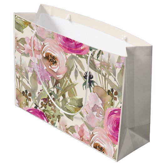 Roze Waterverf Floral Sage Green Leaves Cream Groot Cadeauzakje (Achterkant Gekanteld)