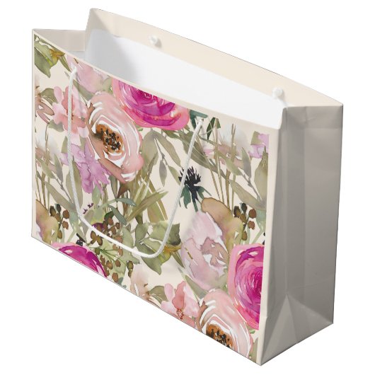 Roze Waterverf Floral Sage Green Leaves Cream Groot Cadeauzakje (Voorkant Gekanteld)