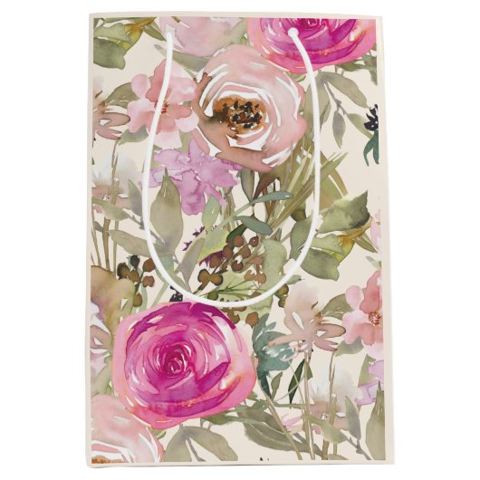 Roze Waterverf Floral Sage Green Leaves Cream Medium Cadeauzakje (Voorkant)