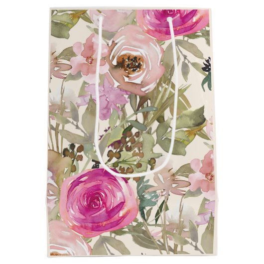 Roze Waterverf Floral Sage Green Leaves Cream Medium Cadeauzakje (Achterkant)