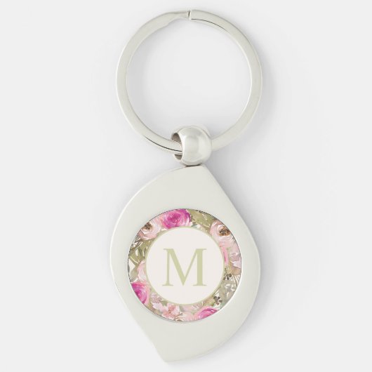 Roze Waterverf Floral Sage Green Leaves Monogram Sleutelhanger (Voorkant)