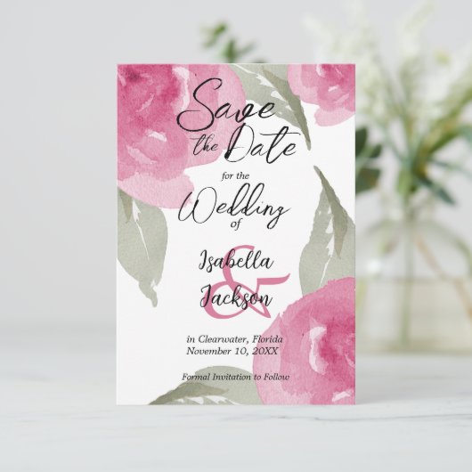 Roze Waterverf Floral Save The Date (Staand voorkant)