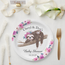 Roze Waterverf Floral Sloth Baby shower Papieren Bordje