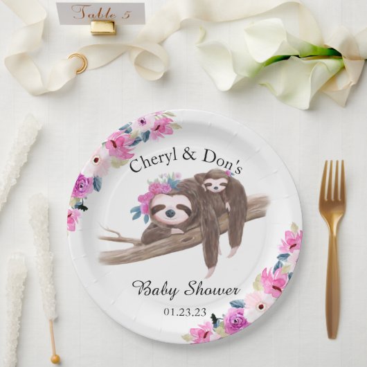 Roze Waterverf Floral Sloth Baby shower Papieren Bordje (Huwelijk)