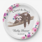 Roze Waterverf Floral Sloth Baby shower Papieren Bordje (Voorkant)