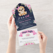 Roze Waterverf Floral Sloth Navy Blue Baby shower All In One Uitnodiging (Afscheurbaar)
