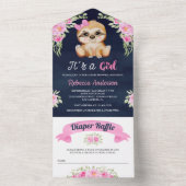 Roze Waterverf Floral Sloth Navy Blue Baby shower All In One Uitnodiging (Binnen)