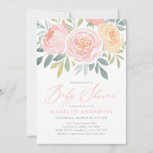 Roze Waterverf Floral Spring Baby shower Kaart (Voorkant)