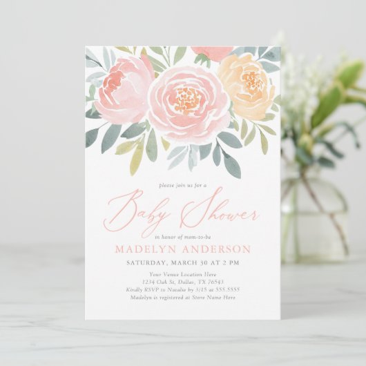 Roze Waterverf Floral Spring Baby shower Kaart (Staand voorkant)