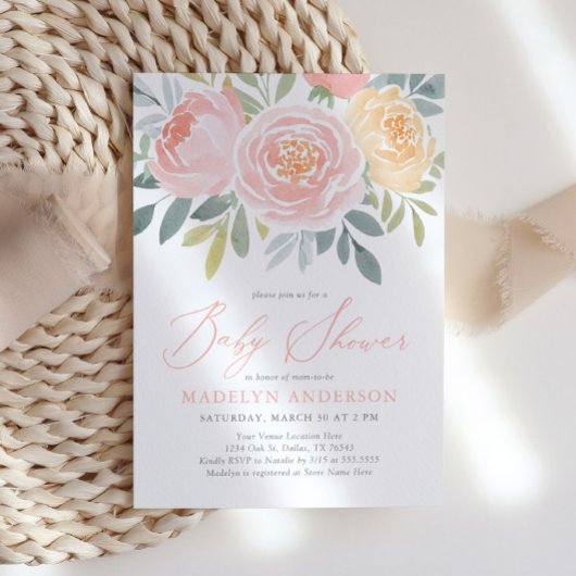 Roze Waterverf Floral Spring Baby shower Kaart