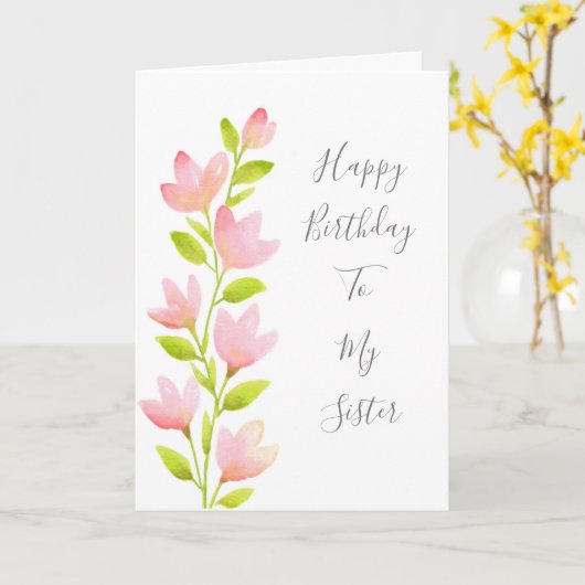 Roze Waterverf Floral Stem Kaart (Gele Bloem)