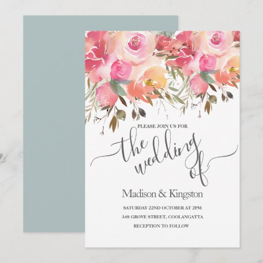 Roze Waterverf Floral Summer Weddenschap Kaart (Voorkant / Achterkant)