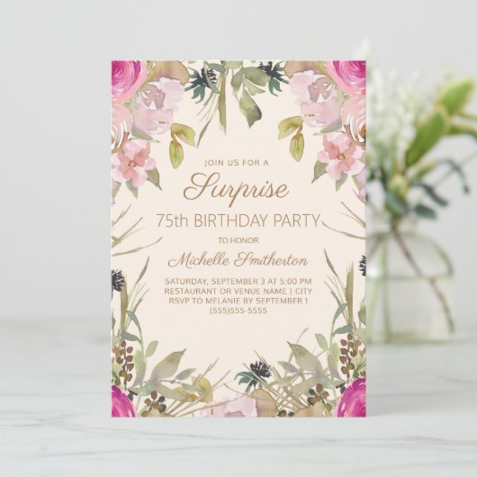 Roze Waterverf Floral Surprise 75th Birthday Kaart (Staand voorkant)