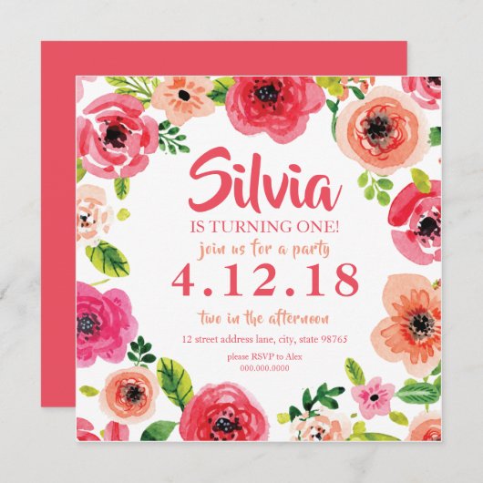 Roze Waterverf Floral Uitnodiging (Voorkant / Achterkant)