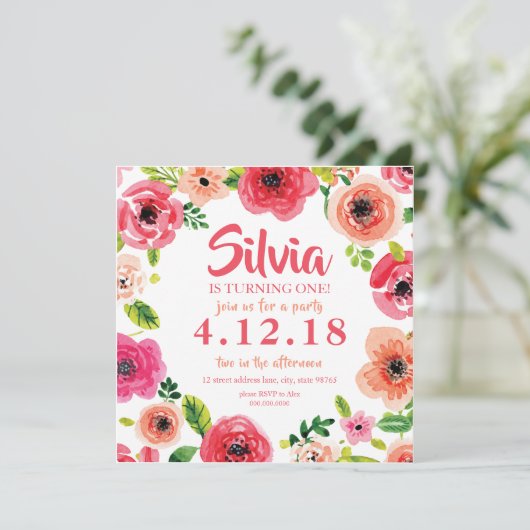 Roze Waterverf Floral Uitnodiging (Staand voorkant)