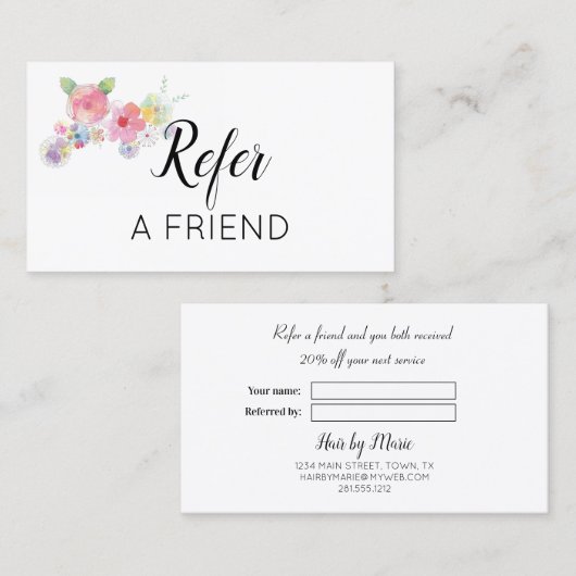 Roze Waterverf Floral Verwijs een vriend Aanbevelingskaartje (Voorkant / Achterkant)