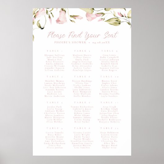 Roze Waterverf Floral Vrijgezellenfeest Zitkaart Poster (Voorkant)