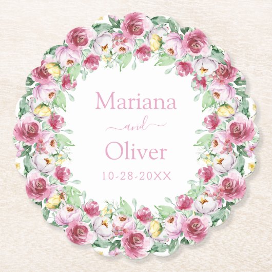 Roze Waterverf Floral Wedding Kartonnen Onderzetters (Voorkant)