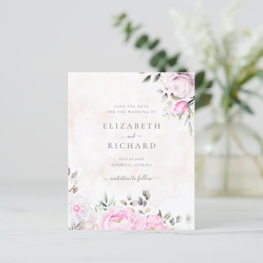 Roze Waterverf Floral Wedding Save the Date (Staand voorkant)
