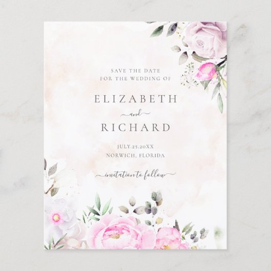 Roze Waterverf Floral Wedding Save the Date (Voorkant)