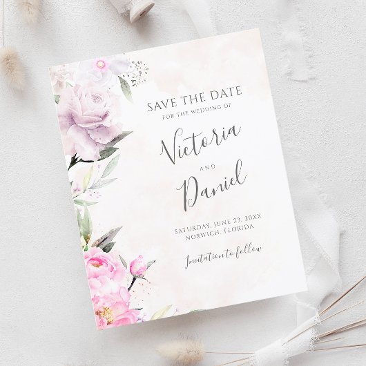 Roze Waterverf Floral Wedding Save the Date
