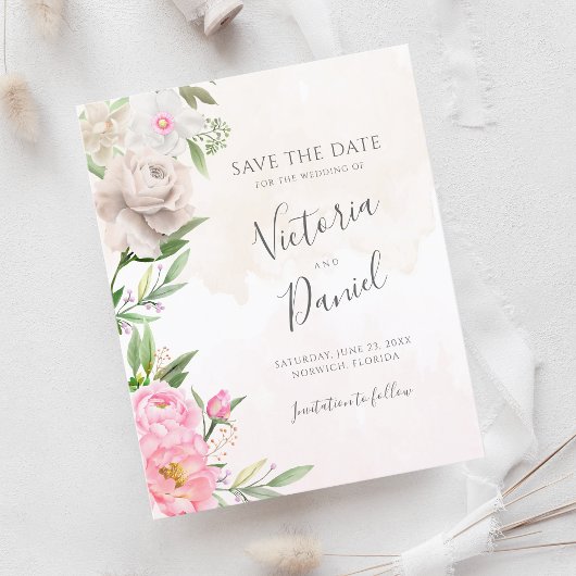 Roze Waterverf Floral Wedding Save the Date