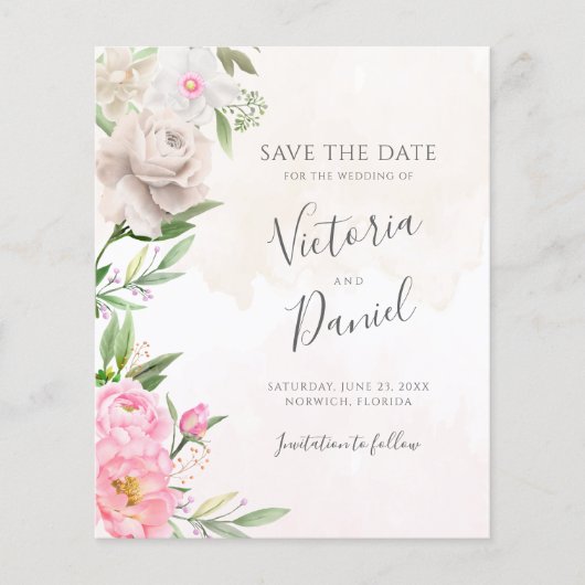Roze Waterverf Floral Wedding Save the Date (Voorkant)