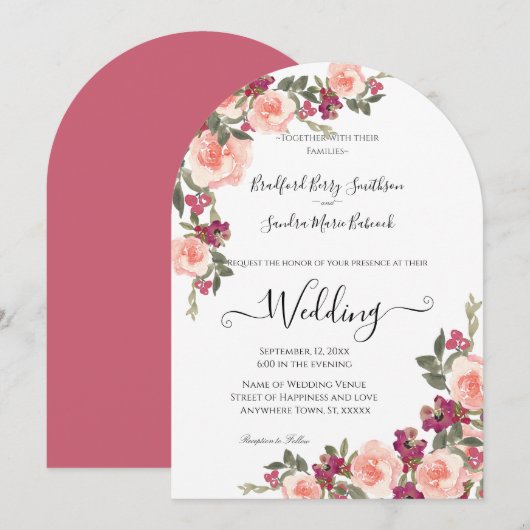 Roze Waterverf Floral Wedding-uitnodiging Kaart (Voorkant / Achterkant)
