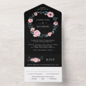 Roze Waterverf Floral Wreath Wedding Black All In One Uitnodiging (Binnen)