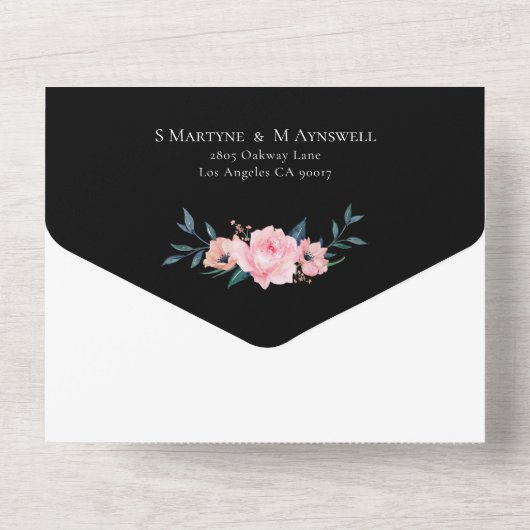 Roze Waterverf Floral Wreath Wedding Black All In One Uitnodiging (Achterkant)