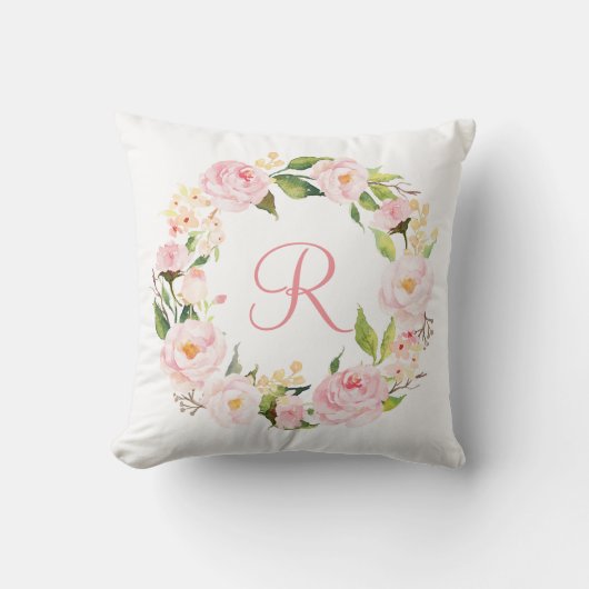 Roze Waterverf Floral Wreator Monogram Buitenkussen (Voorkant)