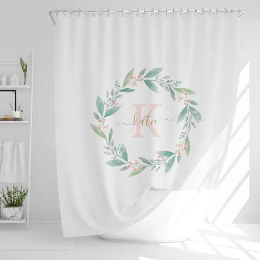 Roze Waterverf Floral Wreator Monogram Douchegordijn