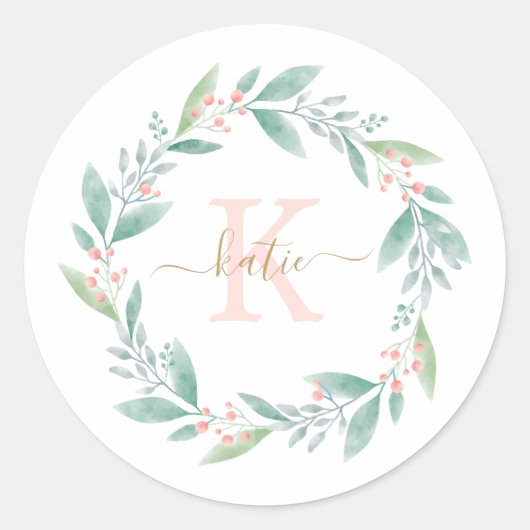 Roze Waterverf Floral Wreator Monogram Ronde Sticker (Voorkant)