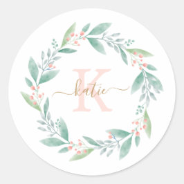 Roze Waterverf Floral Wreator Monogram Ronde Sticker