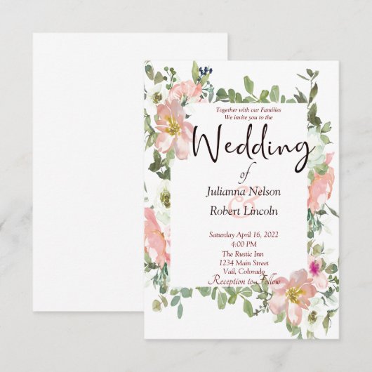 roze waterverf florale bruiloft uitnodiging (Voorkant / Achterkant)