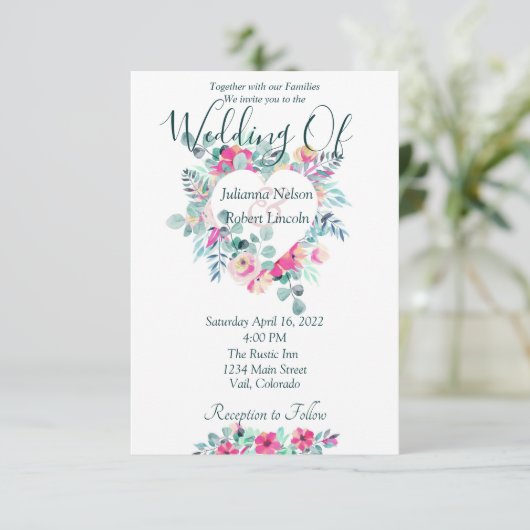 Roze waterverf florale hartbruiloft kaart (Staand voorkant)