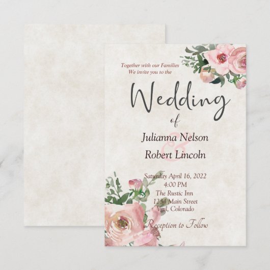 Roze waterverf florale huwelijksuitnodiging kaart (Voorkant / Achterkant)
