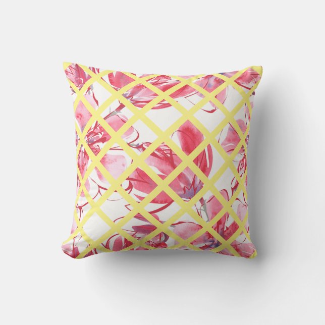 roze waterverf florale, zachte gele rooster, kussen (Voorkant)