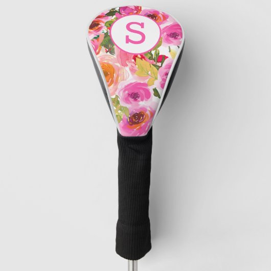 Roze Waterverf Florals Monogramed Golfheadcover (Voorkant)