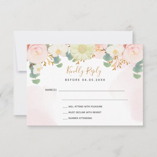 Roze waterverf florals wit Bruiloft RSVP Kaartje (Voorkant)