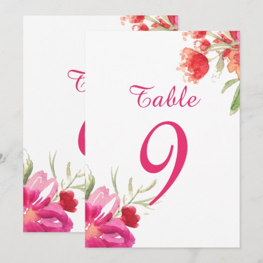 Roze Waterverf Flower Posy Table Numbers Card Kaart (Voorkant / Achterkant)