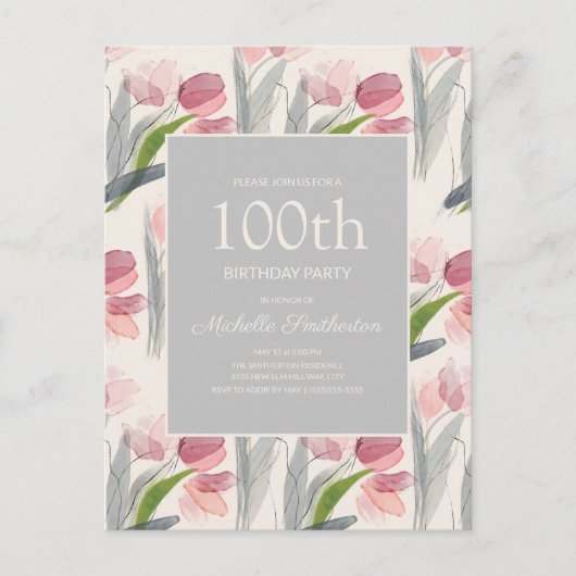 Roze Waterverf Flowers 100th Birthday Women Briefkaart (Voorkant)