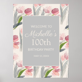 Roze Waterverf Flowers 100th Birthday Women Poster