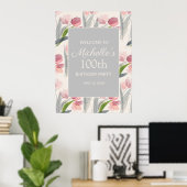 Roze Waterverf Flowers 100th Birthday Women Poster (Thuiskantoor)